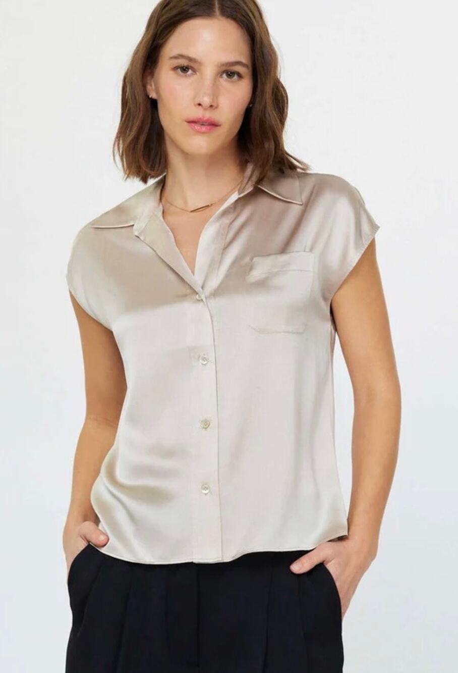 Maison d’Amélie Paris Satin Cap Sleeve Button Front Blouse Champagne NWT L